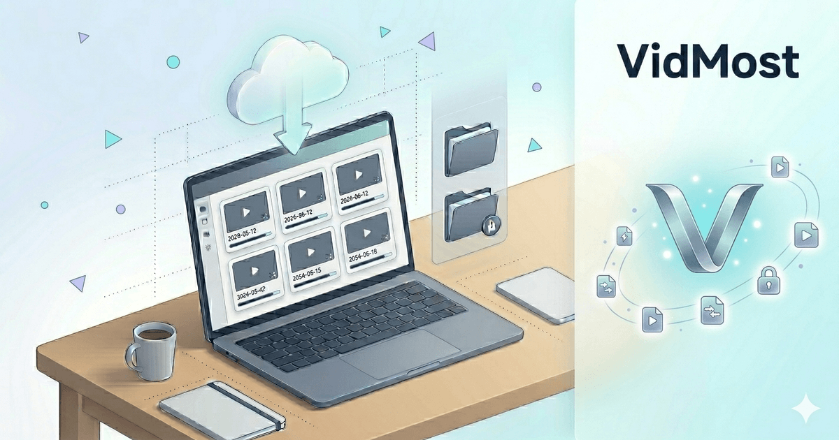 Vidmost OnlyFans video download workflow Isometric illustration of a laptop displaying video file thumbnails, with cloud download arrows and a folder, depicting the Vidmost OnlyFans video archive workflow
